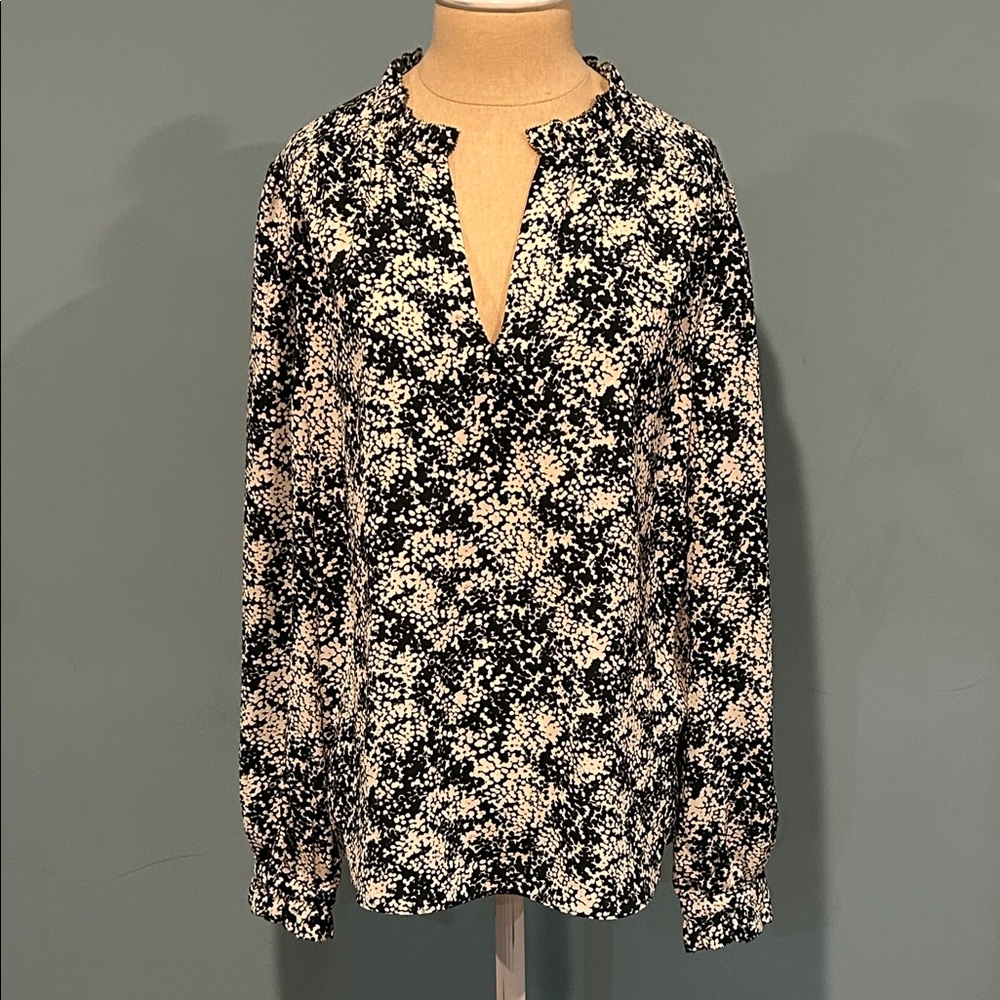 Hobbs London Delany Blouse sz 8 Green White Print Ruffle Trim Office Casual